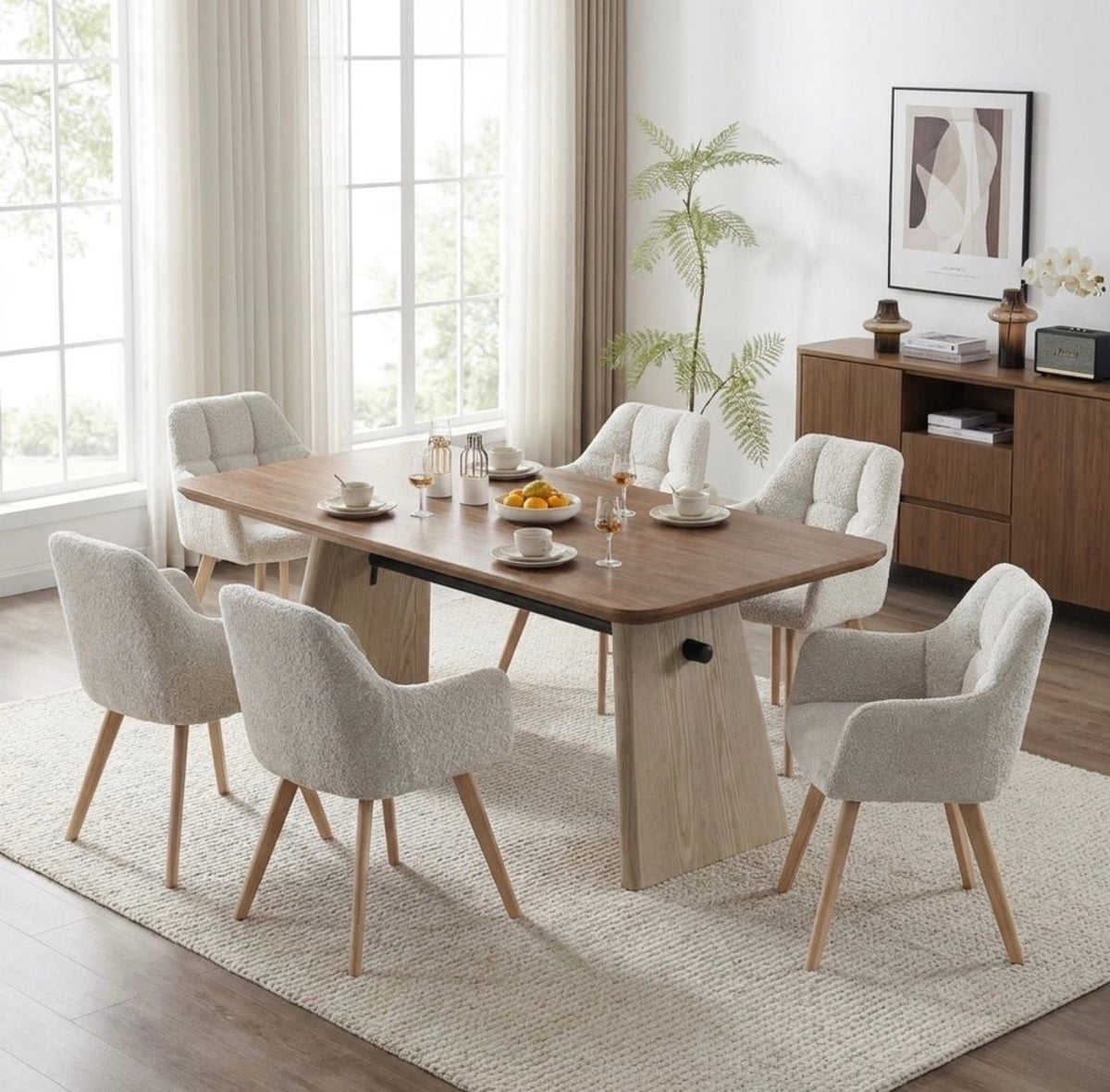 Modern 6-Seater Dining Table Set – 2026 Design | Premium Wooden Table with 6 Upholstered Chairs