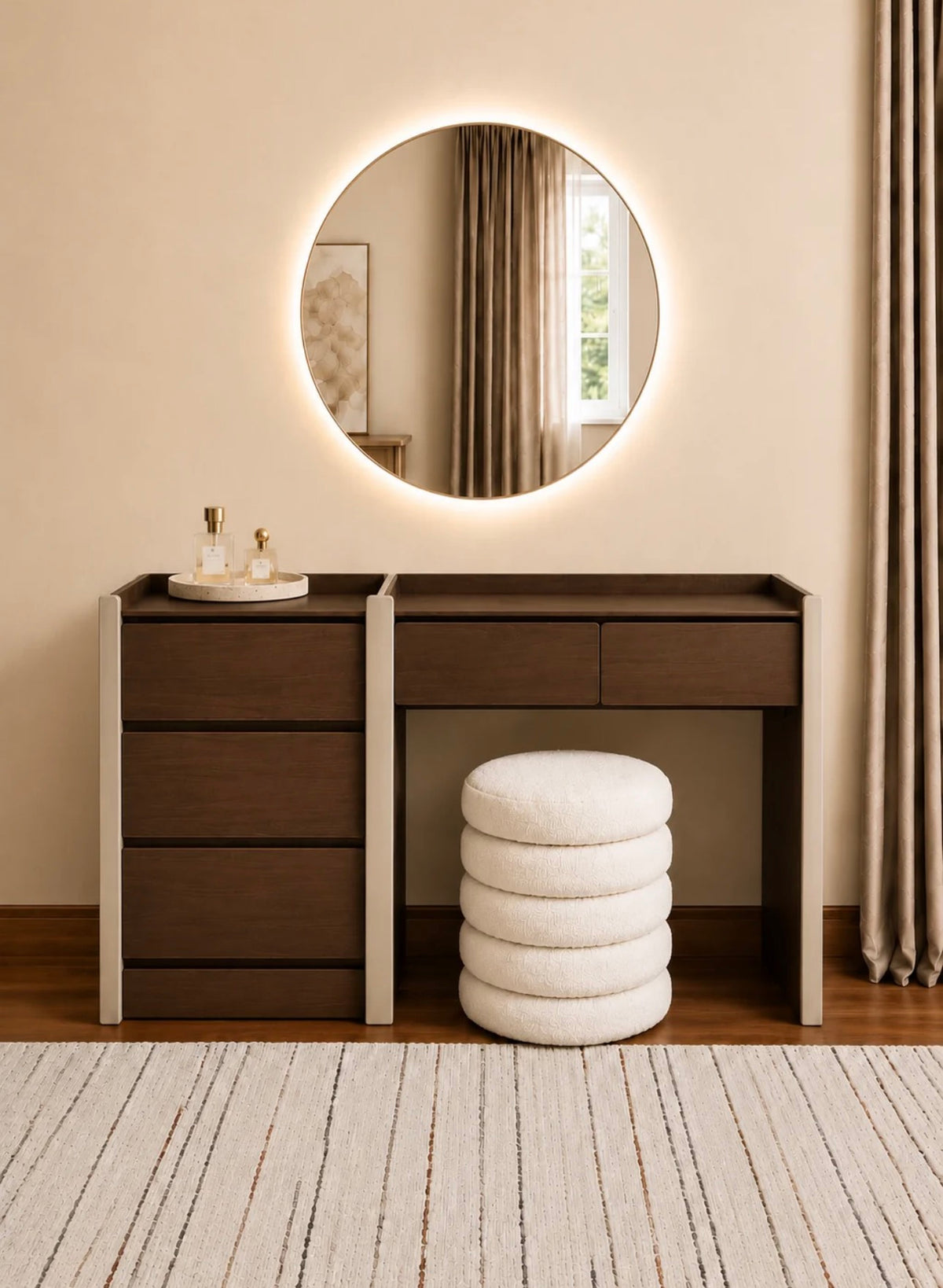 Modern 2026 Wooden Dressing Table Set with LED Mirror & Stool