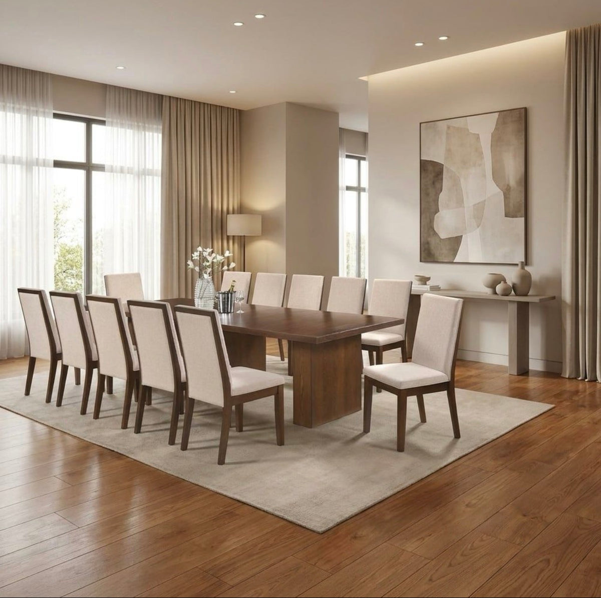 Luxury Modern 10-Seater Wooden Dining Table Set with Beige Upholstered Chairs | Premium Dining Furniture 2026