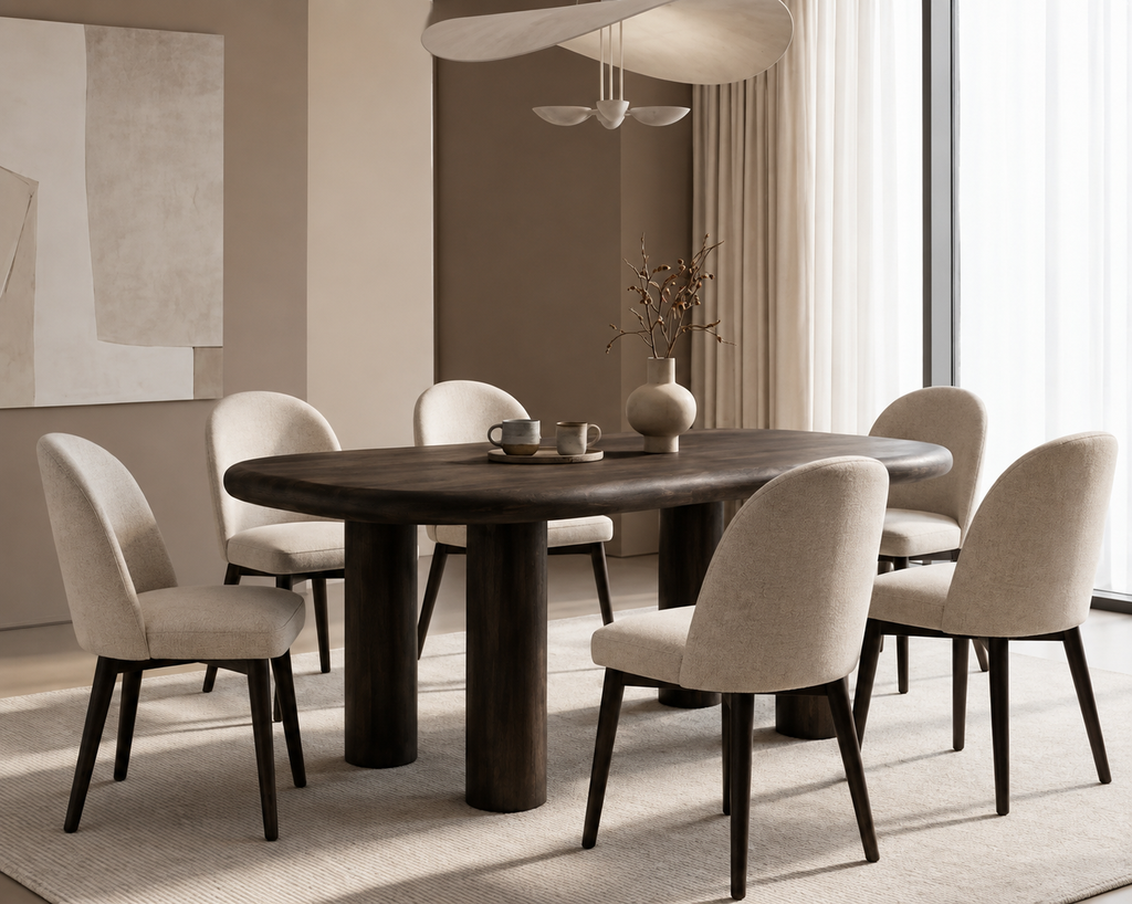 Modern Solid Wood Dining Table with 6 Upholstered Chairs