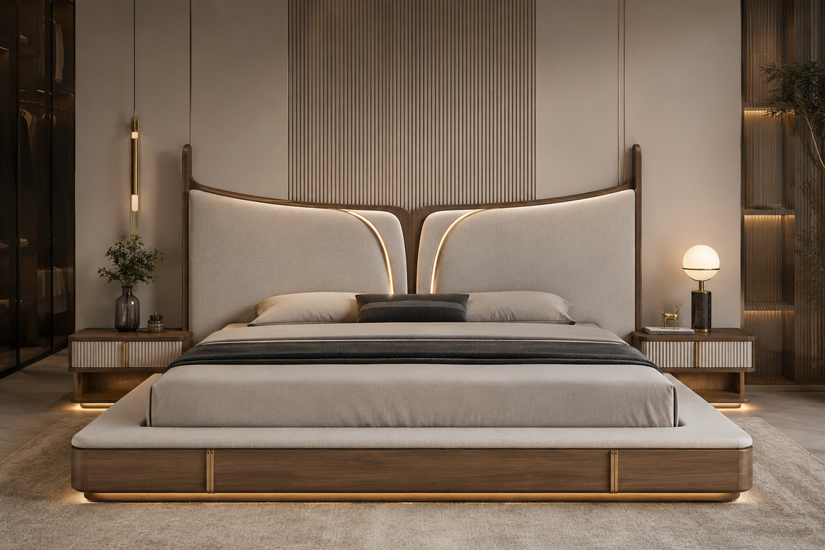 Modern Luxury 2026 Curved Upholstered Bed – Premium Wooden Frame