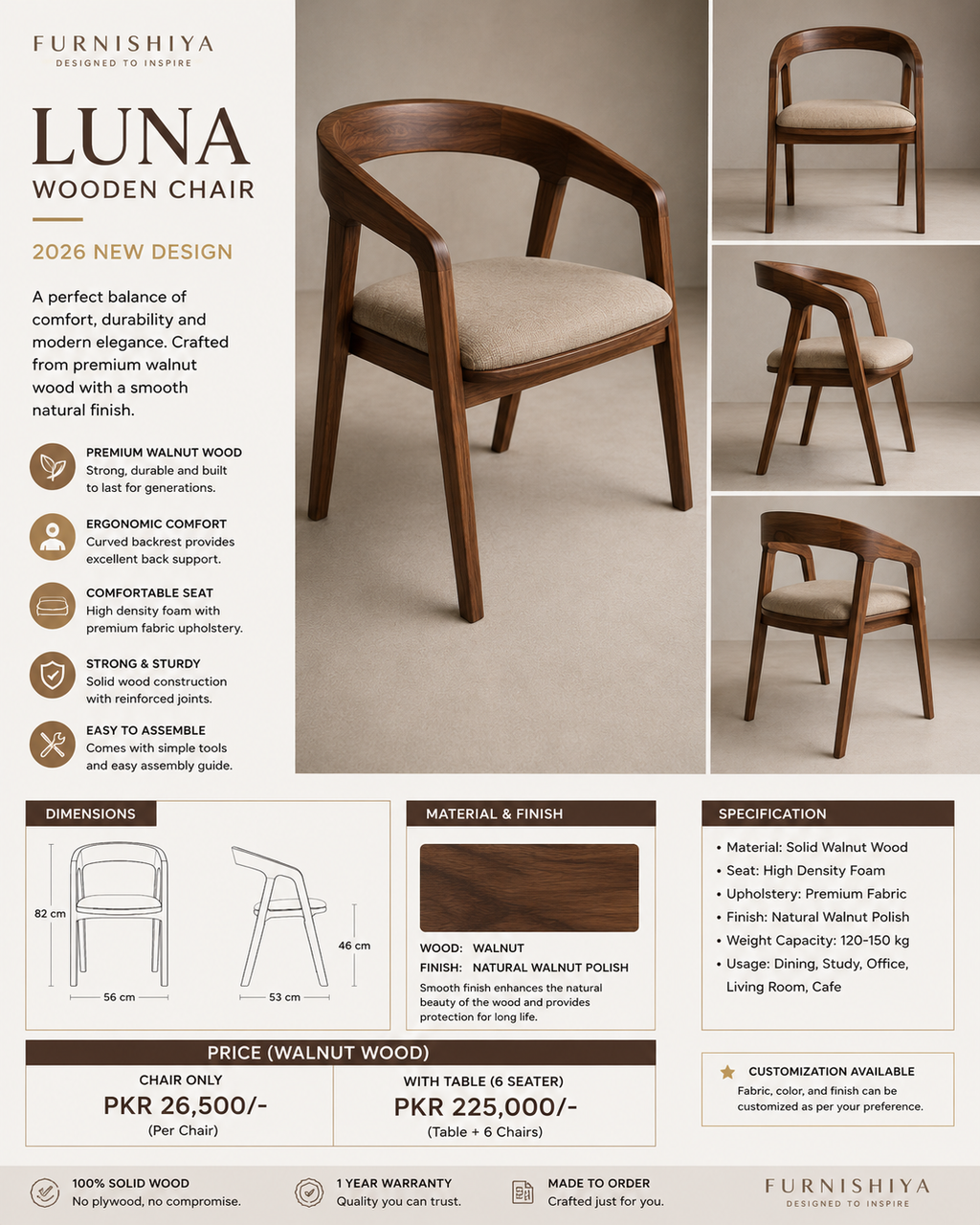 Luna Solid Walnut Chair – 2026 New Luxury Design