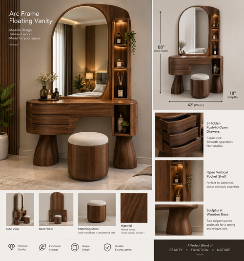 2026 Arc Frame Luxury Walnut Dressing Table with Mirror & Stool