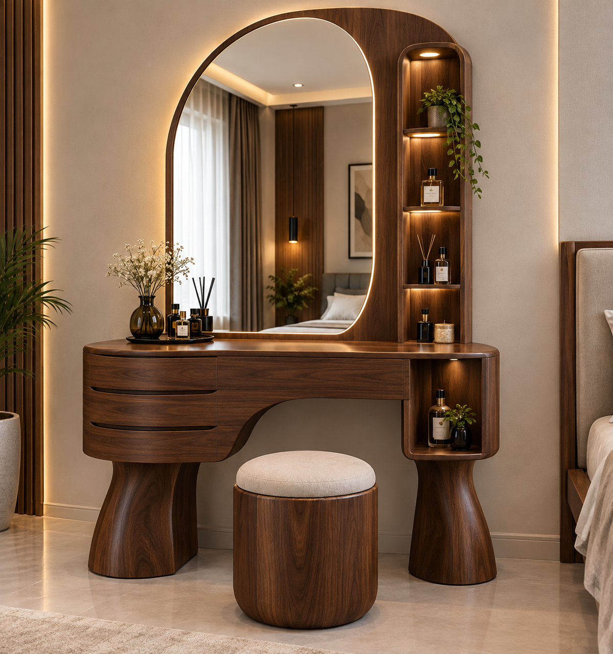 2026 Arc Frame Luxury Walnut Dressing Table with Mirror & Stool