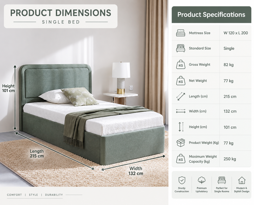 2026 New Design – Elegant Sage Green Upholstered Single Bed